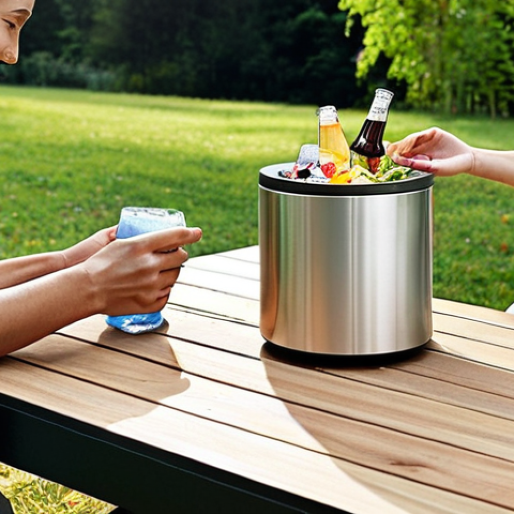 **"A high-tech, multifunctional outdoor table showcasing innovative features. It has a sleek, modern design with subtle glowing USB charging ports where a smartphone is plugged in, and a hidden storage compartment slightly ajar revealing neatly stored items. An integrated mini ice bucket is visible on the surface, chilling beverages. The table is set in a vibrant outdoor camping or barbecue scene with people happily interacting with it, emphasizing convenience and cutting-edge design under a clear sky."**