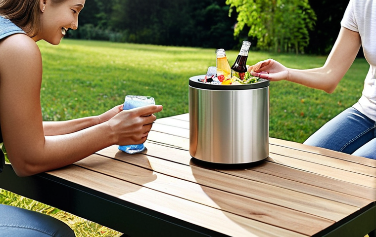 **"A high-tech, multifunctional outdoor table showcasing innovative features. It has a sleek, modern design with subtle glowing USB charging ports where a smartphone is plugged in, and a hidden storage compartment slightly ajar revealing neatly stored items. An integrated mini ice bucket is visible on the surface, chilling beverages. The table is set in a vibrant outdoor camping or barbecue scene with people happily interacting with it, emphasizing convenience and cutting-edge design under a clear sky."**