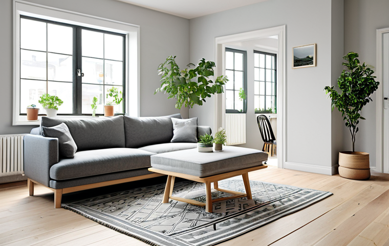 Minimalist Nordic Living Room**

"A bright and airy living room in the Scandinavian style, featuring light wood furniture, a comfortable gray sofa with neutral-toned cushions, and a simple geometric rug. Large windows provide ample natural light. Potted green plants add a touch of nature. Walls are painted a soft white. Perfect anatomy, correct proportions, natural pose, well-formed hands, proper finger count, natural body proportions, fully clothed, modest clothing, appropriate attire, professional, safe for work, appropriate content, family-friendly."

**