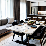 럭셔리 가구 트렌드 - Natural & Technological Fusion**

"A modern living room featuring a dining table made of dark walnut...
