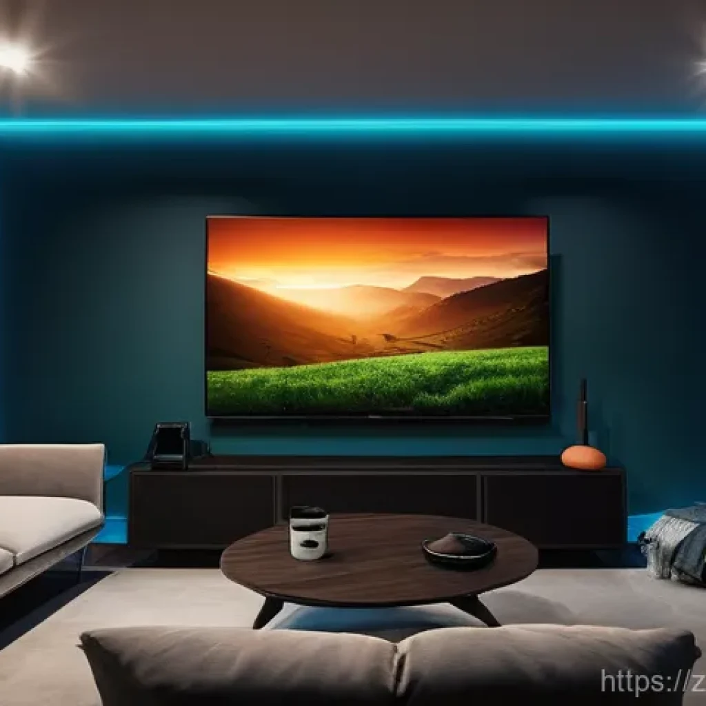 필립스 휴 활용법 - **Immersive Home Cinema Experience:**
    "A modern and cozy living room at night, expertly transfor...