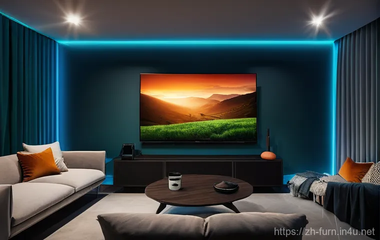 필립스 휴 활용법 - **Immersive Home Cinema Experience:**
    "A modern and cozy living room at night, expertly transfor...
