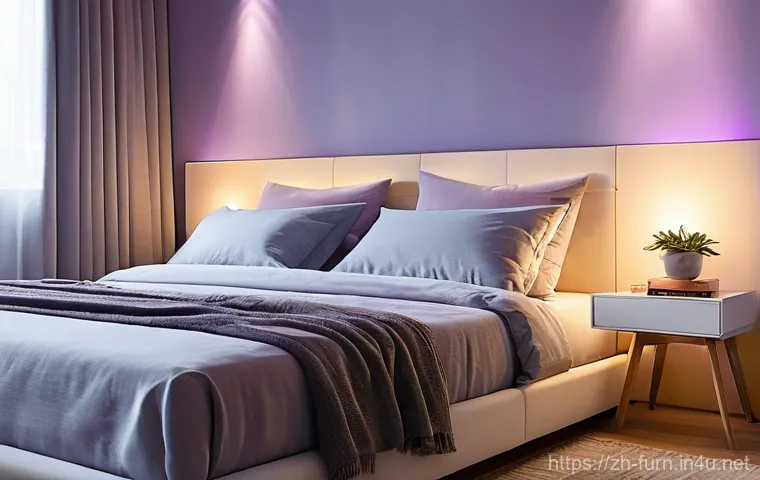 LED 무드등 추천 - **"Serene Bedroom Retreat with Warm Ambient Lighting"**
    A tranquil and cozy bedroom at dusk, fea...