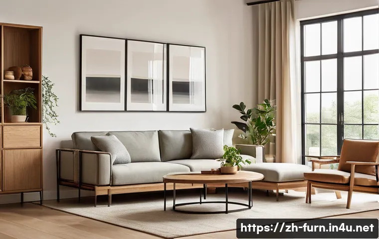 미니멀리즘 가구 추천 - A modern minimalist living room featuring a sleek fabric sofa with clean lines and neutral beige uph...