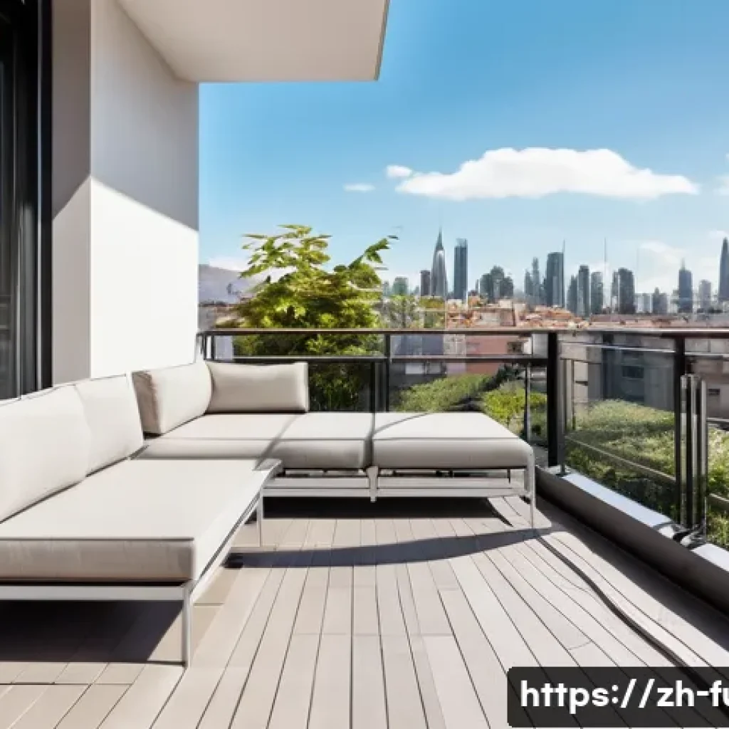 베란다 가구 추천 - A modern balcony scene featuring lightweight aluminum alloy outdoor furniture with sleek, clean line...