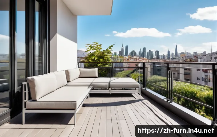 베란다 가구 추천 - A modern balcony scene featuring lightweight aluminum alloy outdoor furniture with sleek, clean line...