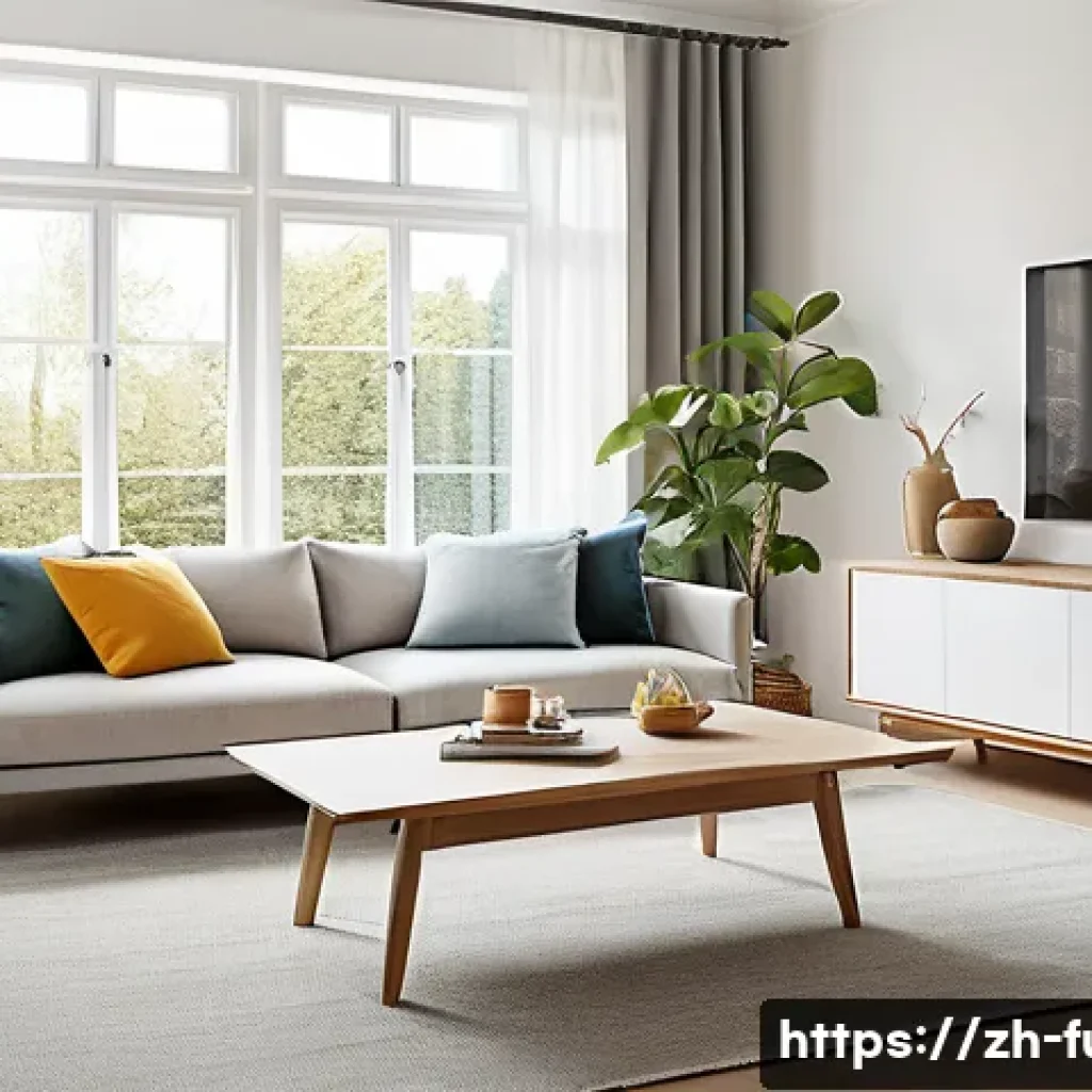 렌탈 가구 장점 - A modern, stylish living room featuring a variety of rented furniture pieces in Scandinavian design:...