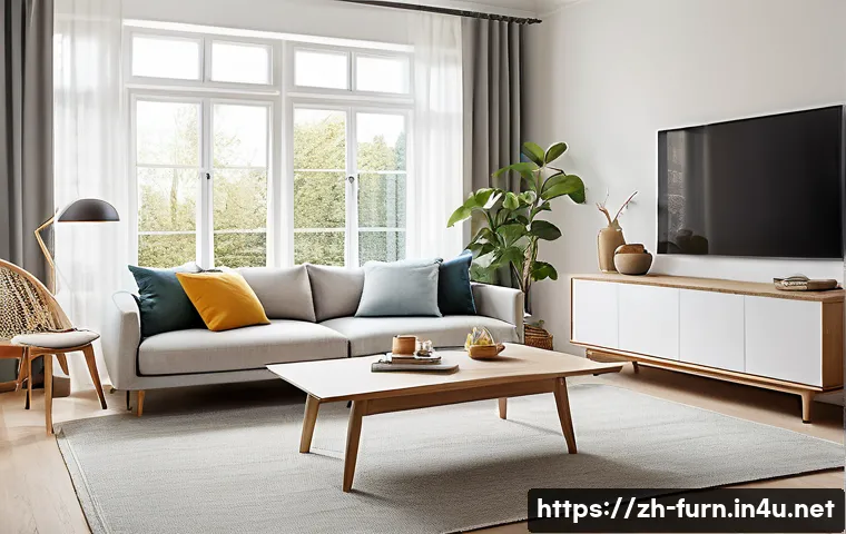 렌탈 가구 장점 - A modern, stylish living room featuring a variety of rented furniture pieces in Scandinavian design:...