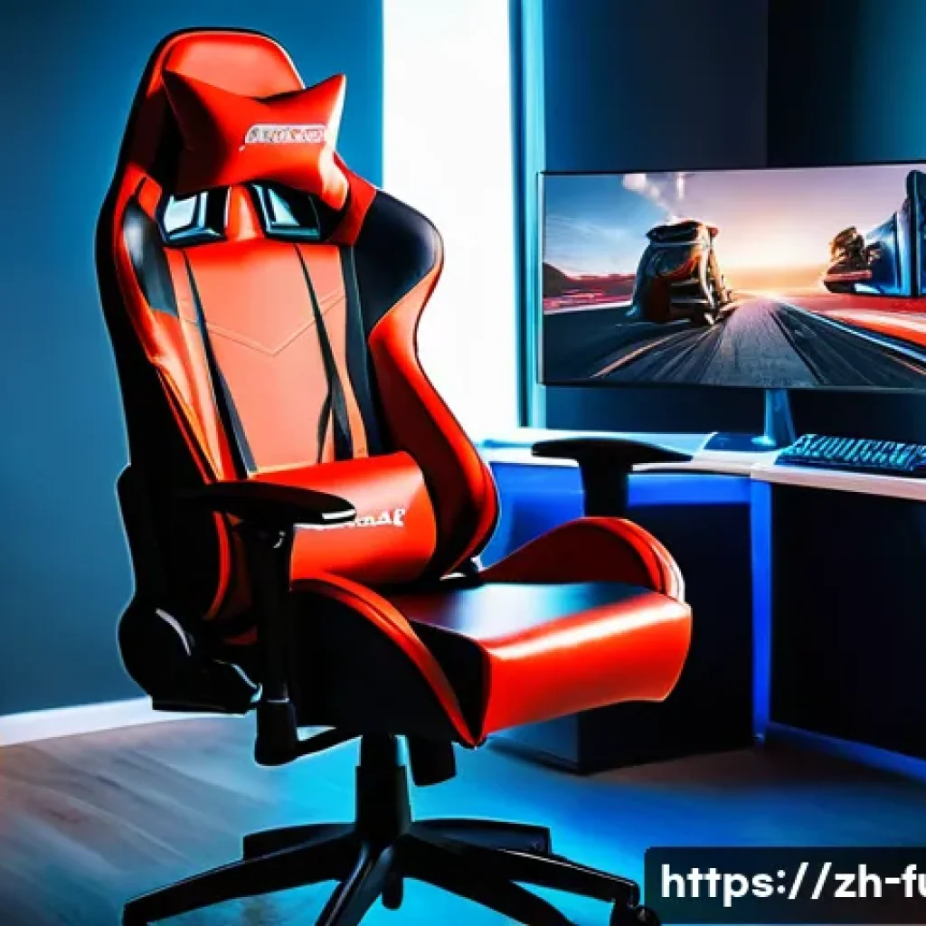 게이밍 의자 비교 - A high-end ergonomic gaming chair in a modern esports setup, featuring adjustable backrest with lumb...