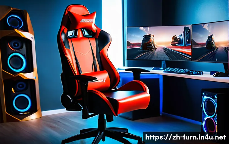 게이밍 의자 비교 - A high-end ergonomic gaming chair in a modern esports setup, featuring adjustable backrest with lumb...