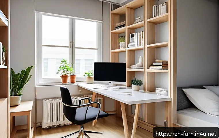 원룸 가구 배치법 - A compact modern studio apartment interior featuring an open-plan layout with a white, lightweight o...