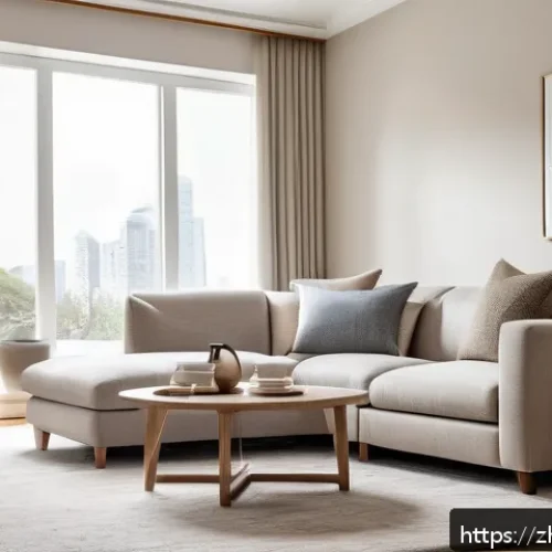 거실 러그 선택법 - A cozy modern living room featuring a plush camel-colored wool carpet with a soft, thick texture, pa...