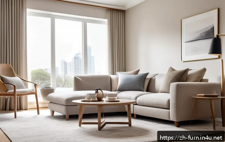 거실 러그 선택법 - A cozy modern living room featuring a plush camel-colored wool carpet with a soft, thick texture, pa...