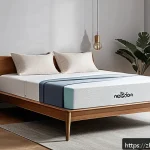매트리스 종류 및 특징 - A modern bedroom scene showcasing a luxurious memory foam mattress with a gentle contour hugging a s...