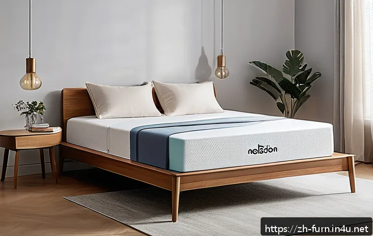 매트리스 종류 및 특징 - A modern bedroom scene showcasing a luxurious memory foam mattress with a gentle contour hugging a s...