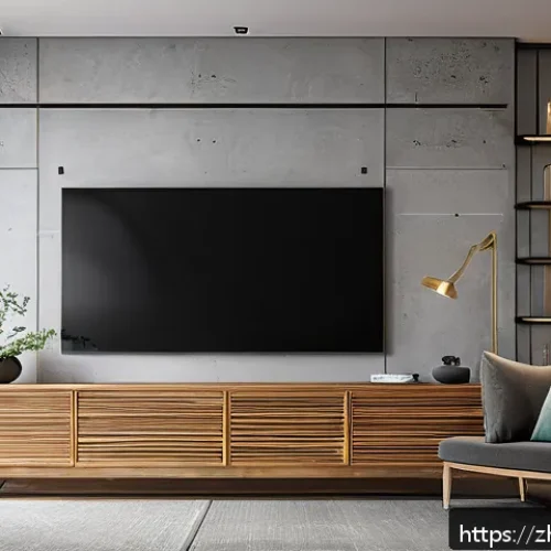 벽걸이 TV 설치법 - A modern living room featuring a large flat-screen TV wall-mounted on a solid concrete wall, with a ...