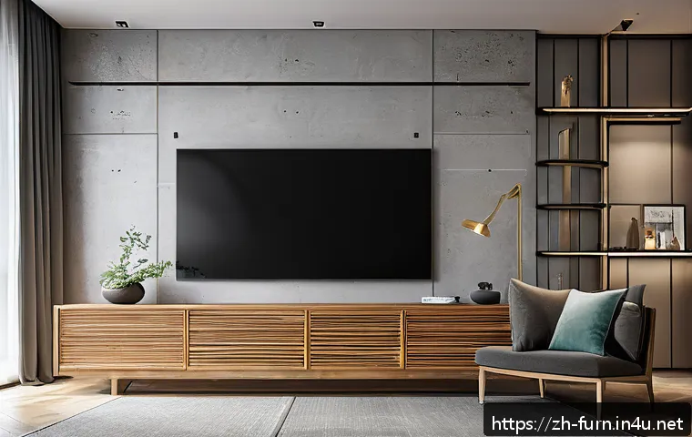 벽걸이 TV 설치법 - A modern living room featuring a large flat-screen TV wall-mounted on a solid concrete wall, with a ...