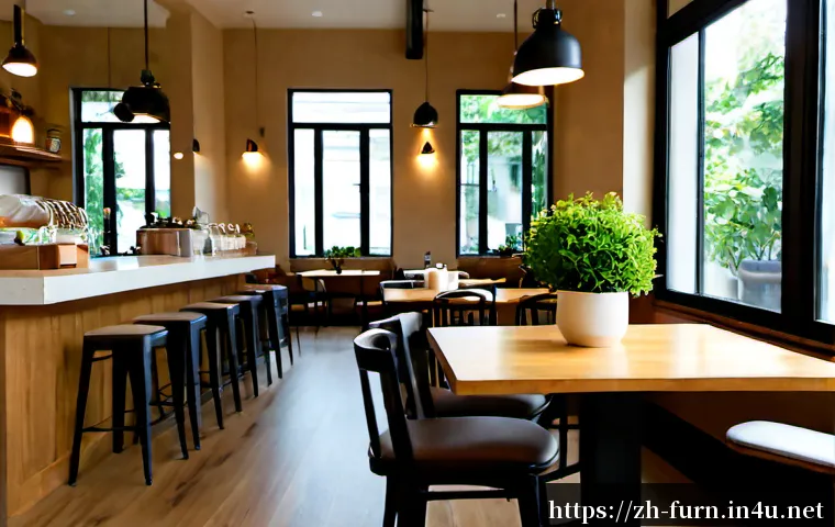 카페 인테리어 가구 추천 - Photorealistic modern neighborhood café interior, warm oak communal table paired with mixed upholste...